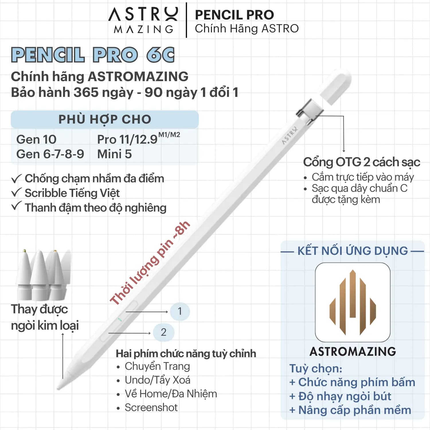 [Pencil Pro 2026] Bút Stylus AstroMazing Pencil Pro 6 chống chạm nhầm vẽ nét thanh đậm cho iPad
